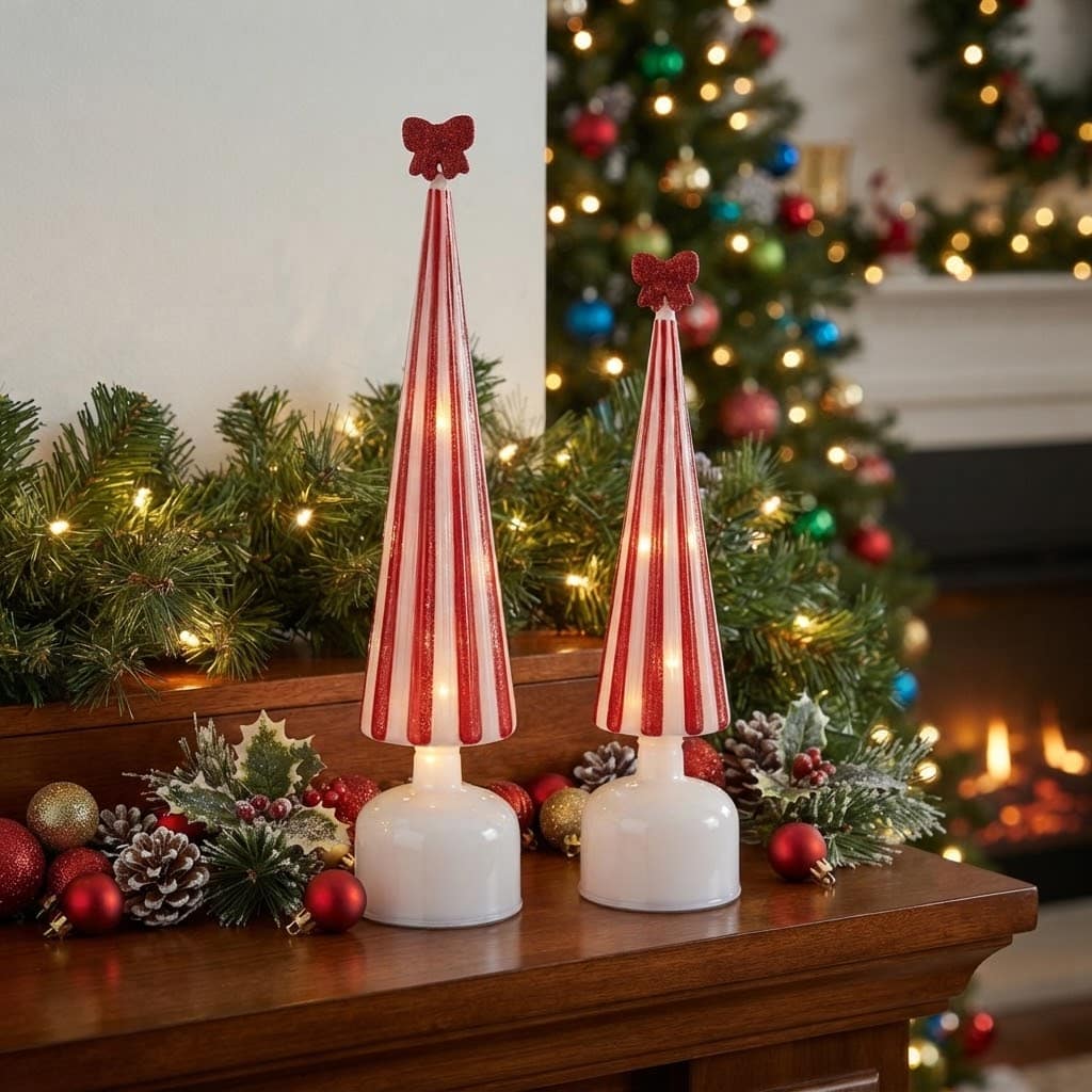 Candy Striped Glass Rotating LED Trees / Set of 2
