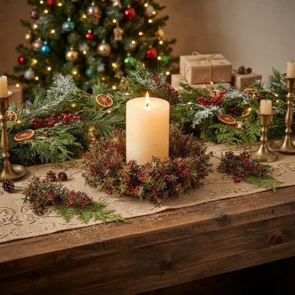 9.5" ASPARAGUS FERN & BERRY CANDLE RING