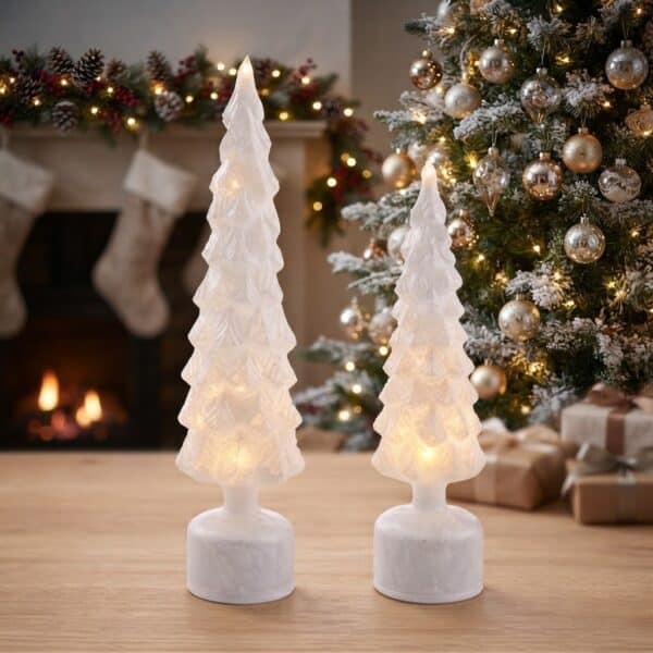 Frosted White Mercury Glass Rotating LED Trees / Set of 2