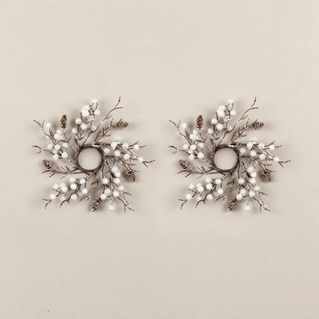 8" FROSTED TWIG & PINECONE W/ WHITE BERRIES TAPER CANDLE RING/ Set of 2 - Image 4
