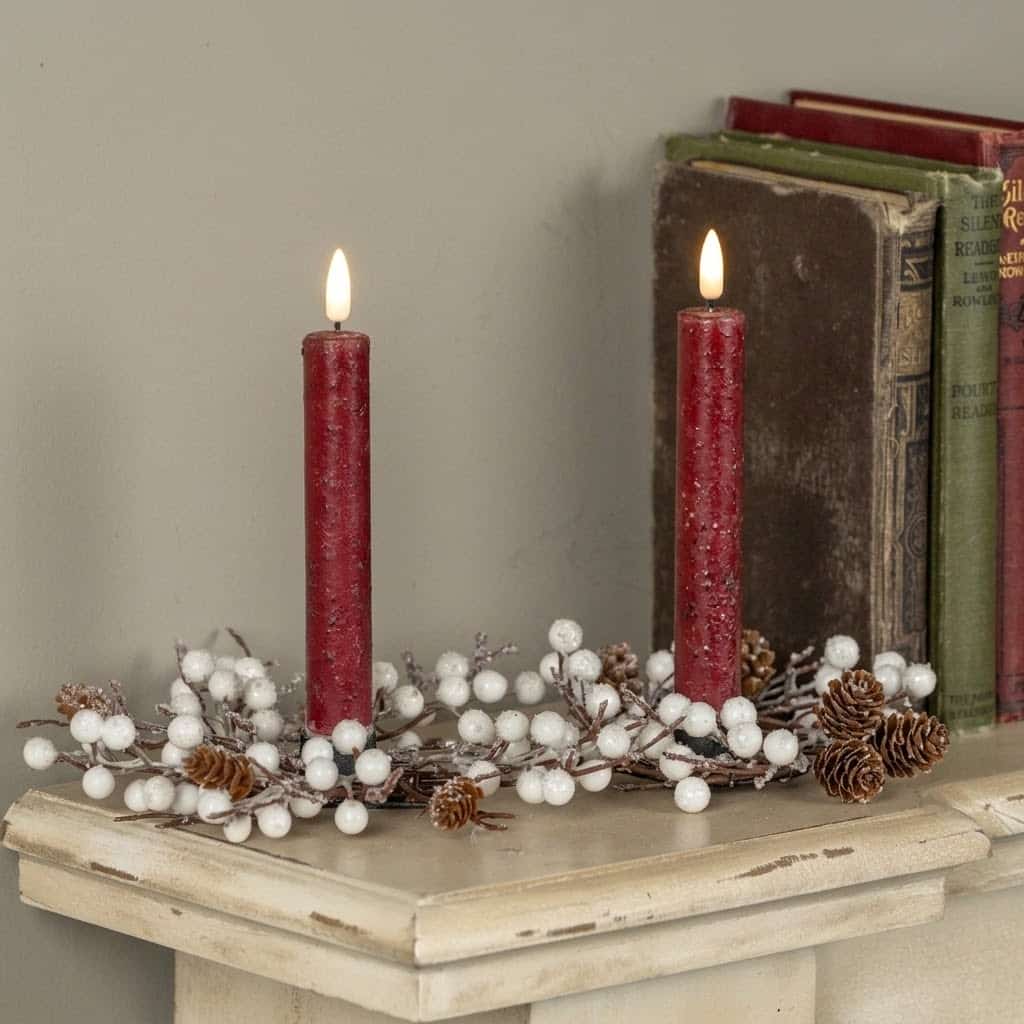 8" FROSTED TWIG & PINECONE W/ WHITE BERRIES TAPER CANDLE RING/ Set of 2