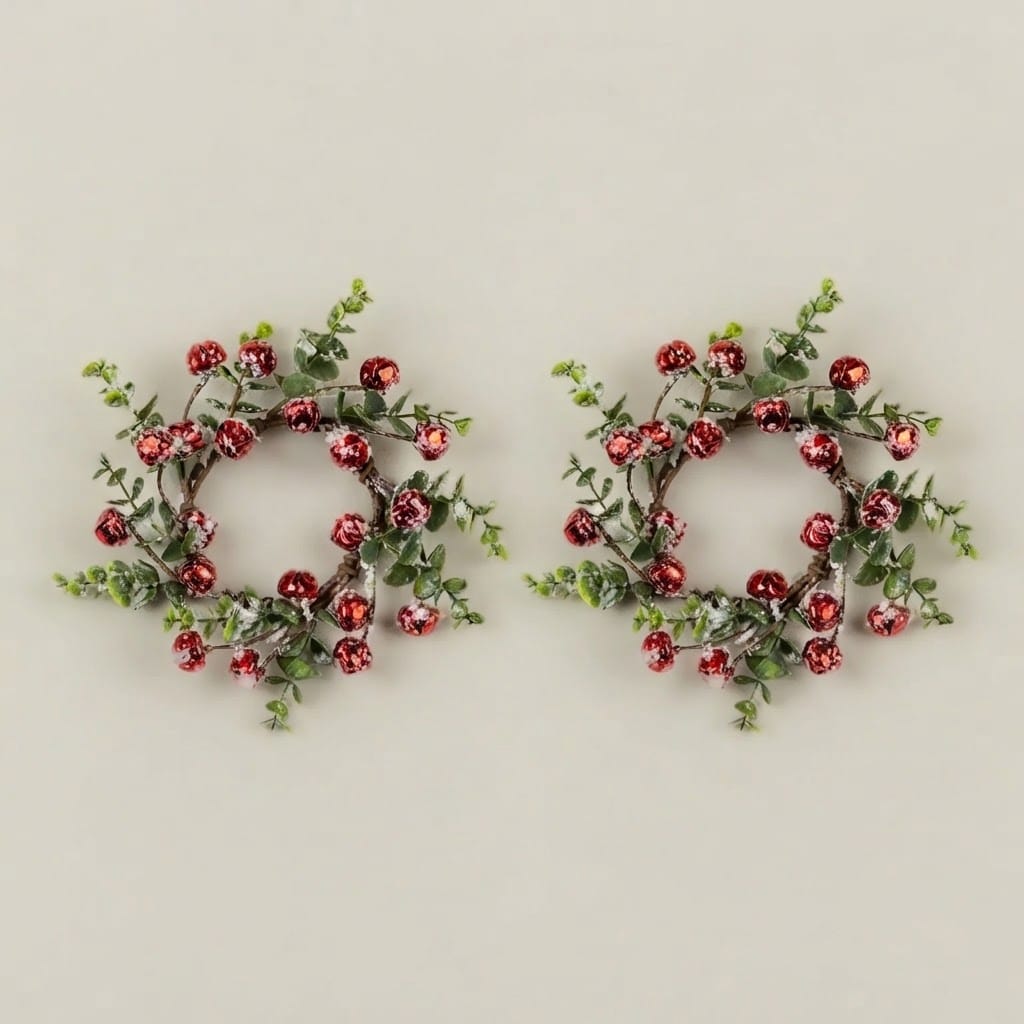 9" SNOWY BOXWOOD & RED BELLS CANDLE RING / Set of 2 - Image 3