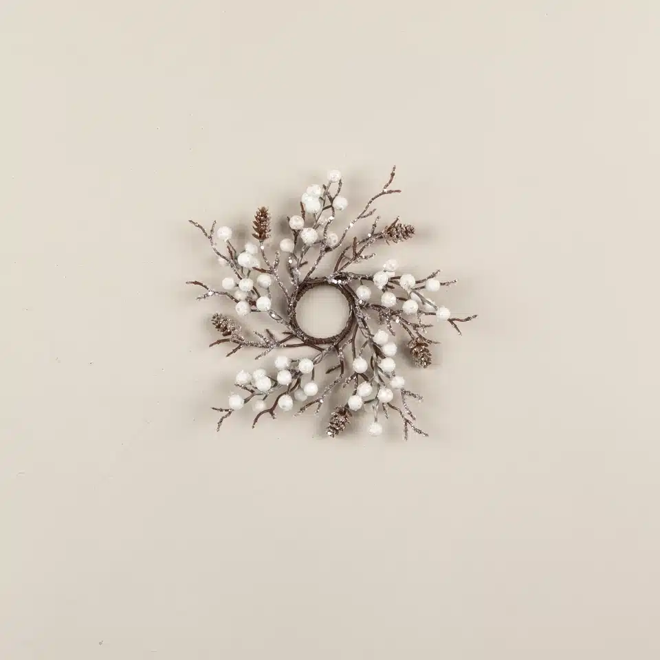 8" FROSTED TWIG & PINECONE W/ WHITE BERRIES TAPER CANDLE RING/ Set of 2 - Image 2