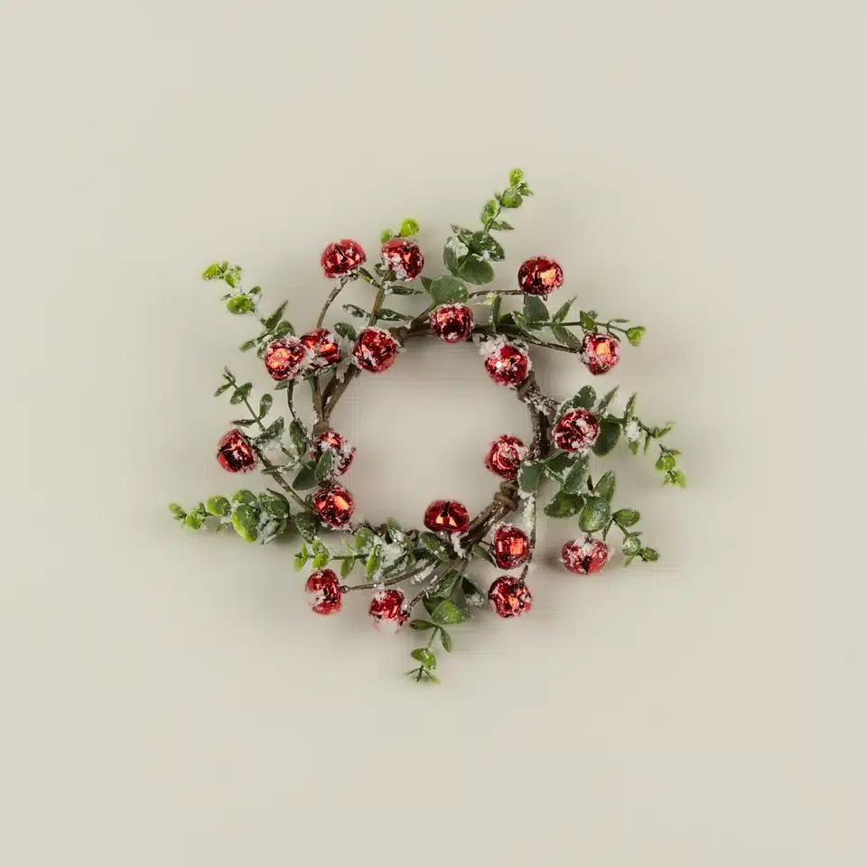 9" SNOWY BOXWOOD & RED BELLS CANDLE RING / Set of 2 - Image 2