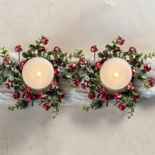 9" SNOWY BOXWOOD & RED BELLS CANDLE RING / Set of 2
