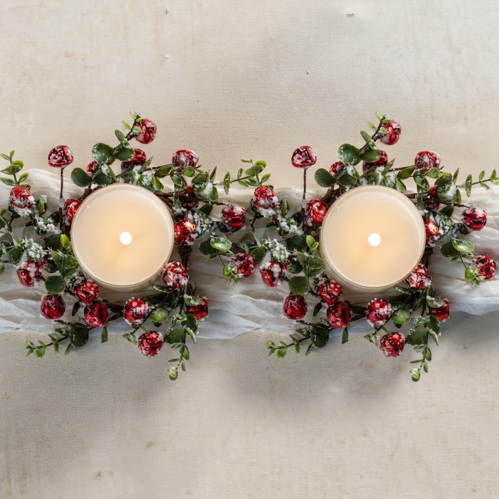 9" SNOWY BOXWOOD & RED BELLS CANDLE RING / Set of 2