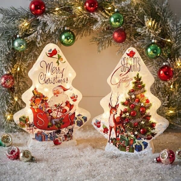 Retro Christmas Pre-Lit Glass Trees/ Merry Christmas or Seasons Greetings