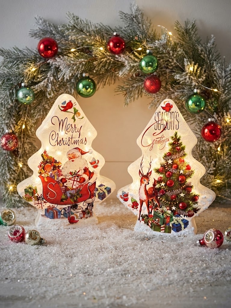 Retro Christmas Pre-Lit Glass Trees/ Merry Christmas or Seasons Greetings